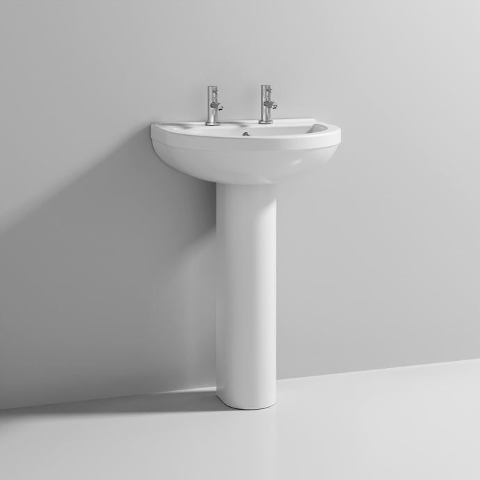 Nuie - Bathroom Package - Shingle Double Ended Back to Wall Bath & Panel, Ivo 2TH Basin & Pedestal, Harmony Back to Wall Pan