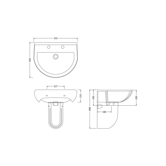 Nuie Ivo 2 Tap Hole 550mm Ceramic Basin & Semi Pedestal