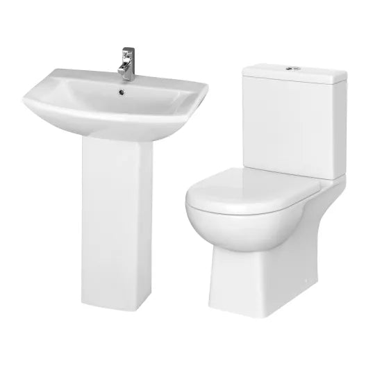 Nuie Asselby Close Coupled Toilet Pan, Cistern, Soft Close Seat & 500mm 1 Tap Hole Basin with Full Pedestal Bathroom Suite