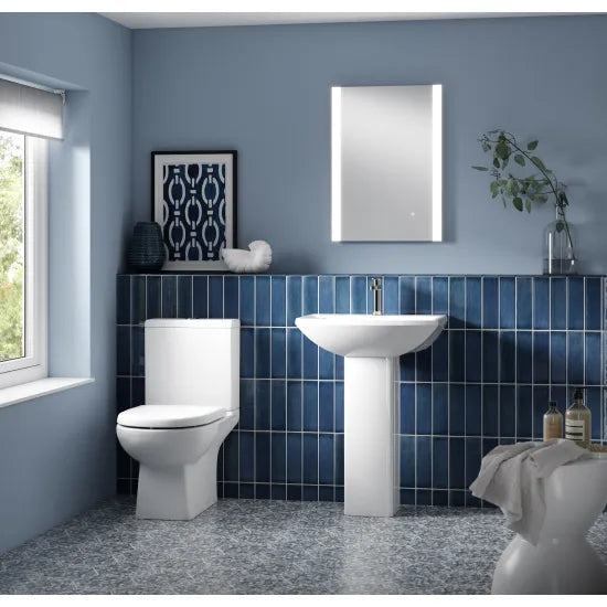 Nuie Asselby Close Coupled Toilet Pan, Cistern, Soft Close Seat & 500mm 1 Tap Hole Basin with Full Pedestal Bathroom Suite