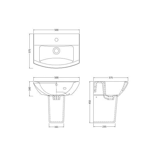 Nuie Asselby 1 Tap Hole 500mm Ceramic Basin & Semi Pedestal
