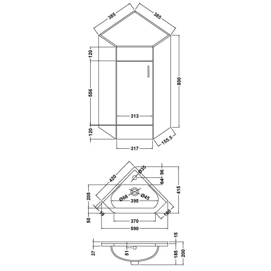 Nuie - Floor Standing Single Door Corner Vanity Unit with Ceramic Basin