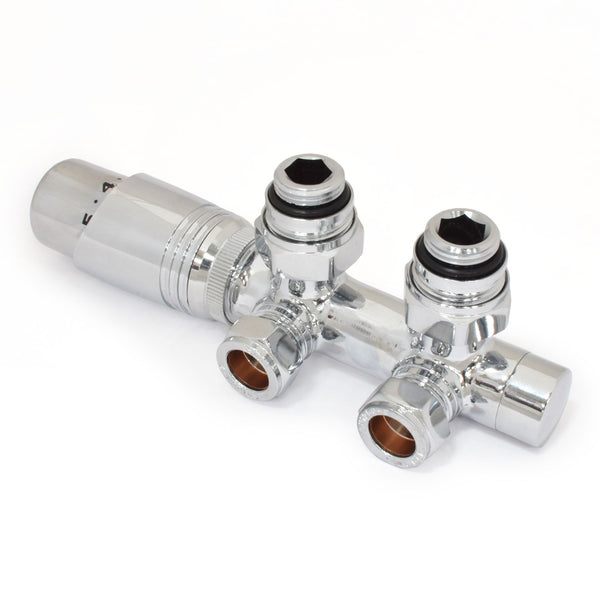 Plumbers Choice Delta Twin Angled TRV Chrome Thermostatic Radiator Valve