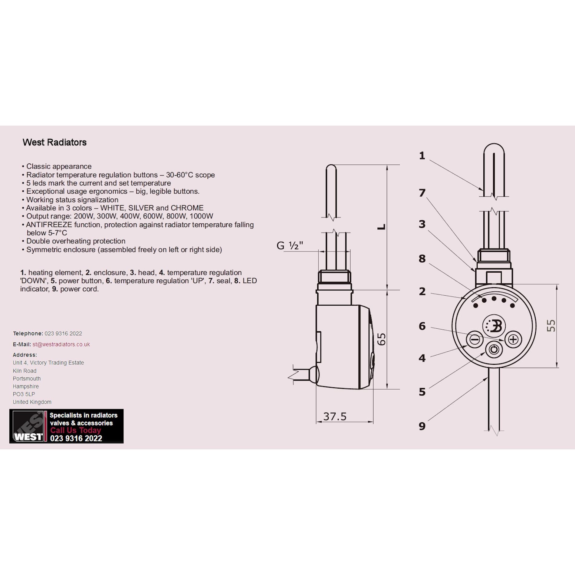 Plumbers Choice 300w element Inc Cable Masking Cover chrome