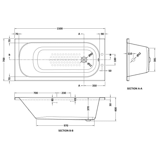 Arley Pro Contract 1500mm 2 Tap Hole Anti-Slip Steel Single Ended Bath With Grips