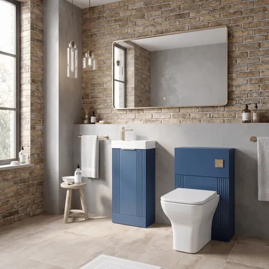 Nuie - Deco Satin Blue Floor Standing Toilet & Basin Unit With Soft Close Seat, Tap & Cistern