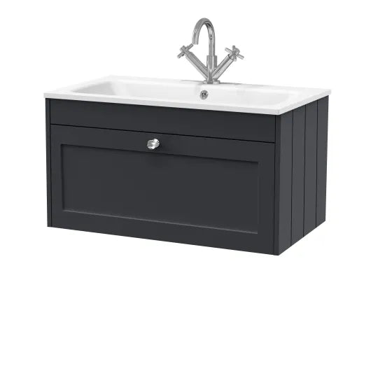 Meravo Elite 800mm Soft Black Wall Hung 1 Drawer Unit with Stone Basin 1 Tap Hole