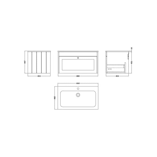 Meravo Elite 800mm Soft Black Wall Hung 1 Drawer Unit with Stone Basin 1 Tap Hole