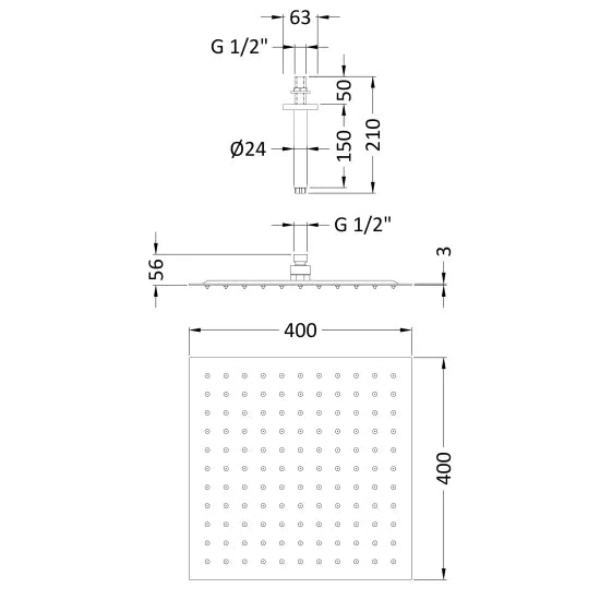 Hudson Reed Fixed Heads 400mm Square Chrome Ceiling Mounted Shower Head & Arm