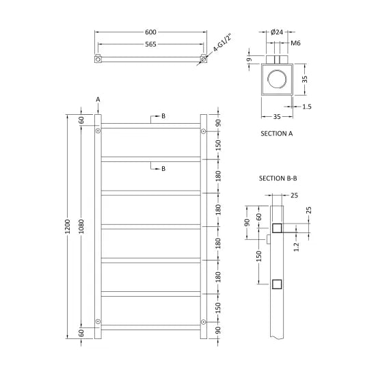 TradeRad Eton Chrome 1200mm x 600mm Horizontal Heated Towel Rail