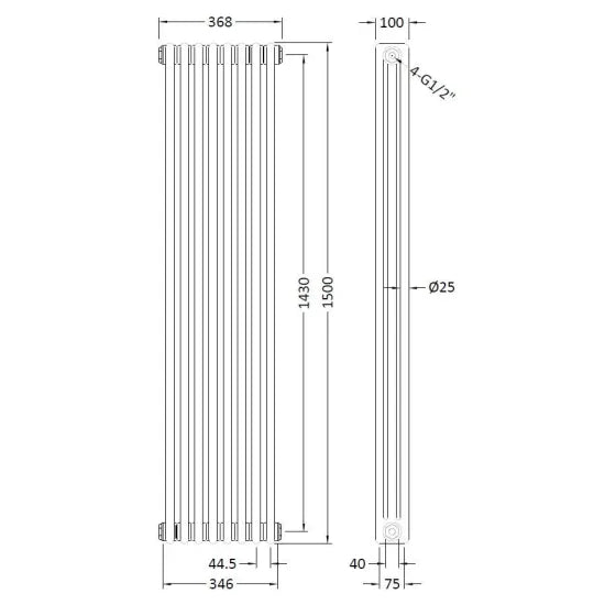Nuie Colosseum White 1500mm x 368mm Vertical Column Radiator