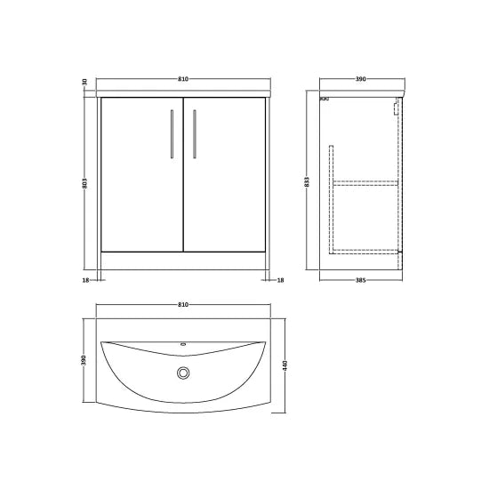 Hudson Reed - Juno 800mm 2 Door Woodgrain Floor Standing Vanity Unit With U-Shaped Curved Basin - Graphite Grey