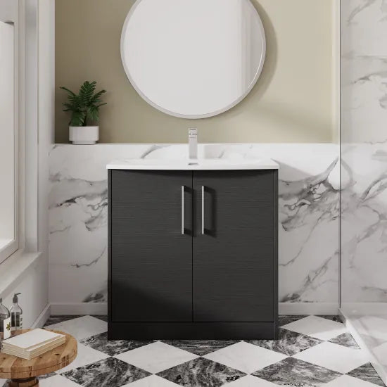 Hudson Reed - Juno 800mm 2 Door Woodgrain Floor Standing Vanity Unit With U-Shaped Curved Basin - Graphite Grey