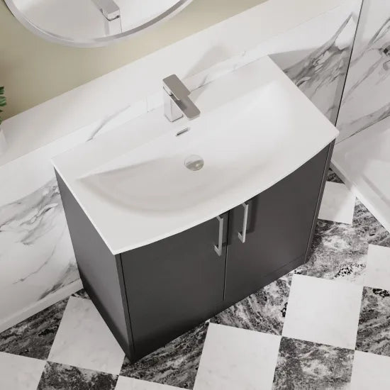 Hudson Reed - Juno 800mm 2 Door Woodgrain Floor Standing Vanity Unit With U-Shaped Curved Basin - Graphite Grey