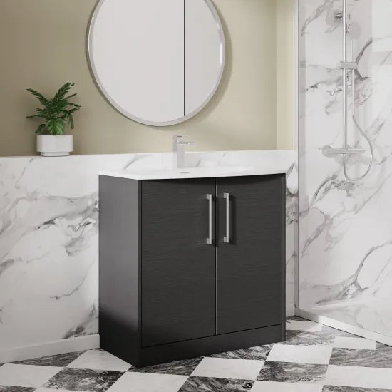 Hudson Reed - Juno 800mm 2 Door Woodgrain Floor Standing Vanity Unit With U-Shaped Curved Basin - Graphite Grey