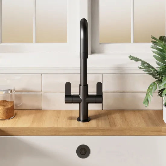 Nuie - Kosi Mono Basin Twin Lever Square Basin Tap & Rinser - Matt Black
