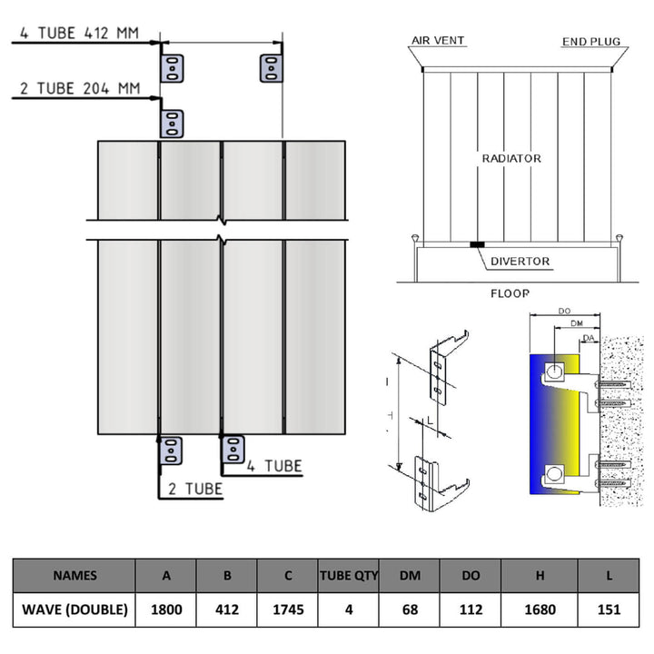 Reina Wave White Double Panel Vertical Aluminium Radiator 1800mm H x 412mm W - Central Heating