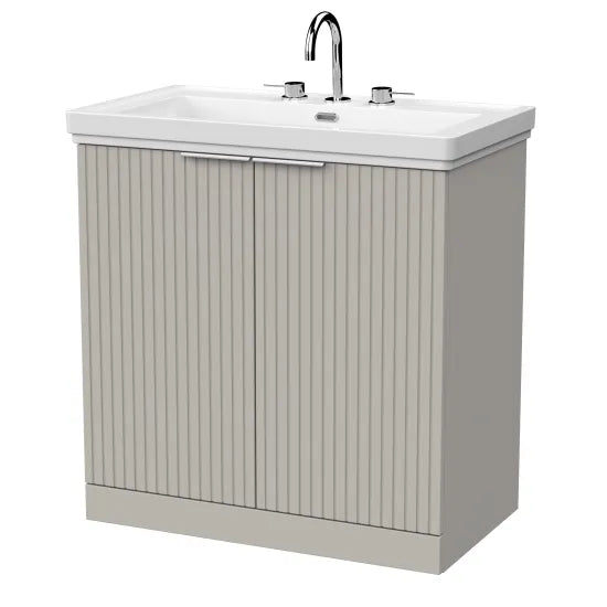 Meravo Pure 800mm Pebble Grey 2 Door Floor Standing Vanity Unit With 3 Tap Holes Fireclay Basin
