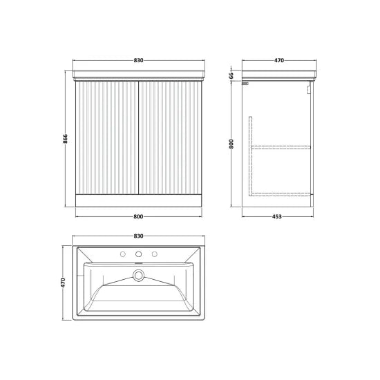 Meravo Pure 800mm Pebble Grey 2 Door Floor Standing Vanity Unit With 3 Tap Holes Fireclay Basin