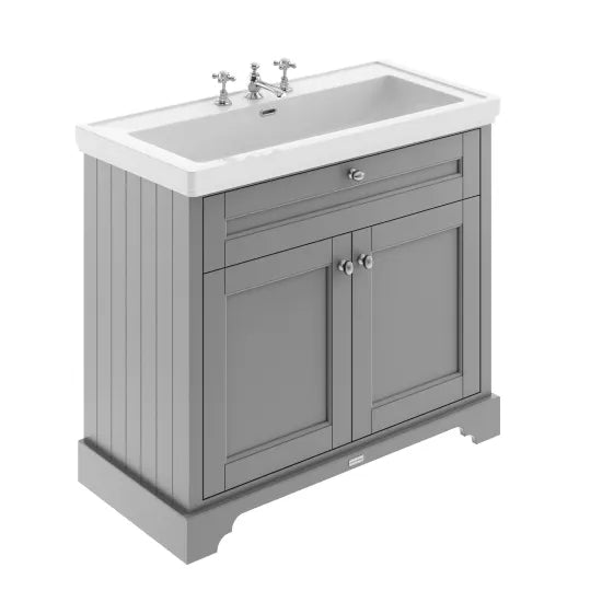 Hudson Reed Old London 1000mm 2 Door Storm Grey Floor Standing Vanity Unit With 3 Tap Holes Fireclay Basin