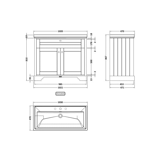 Hudson Reed Old London 1000mm 2 Door Storm Grey Floor Standing Vanity Unit With 3 Tap Holes Fireclay Basin