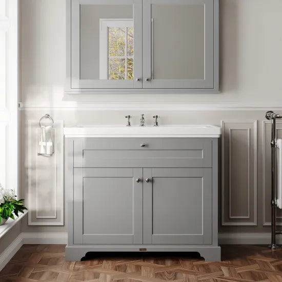 Hudson Reed Old London 1000mm 2 Door Storm Grey Floor Standing Vanity Unit With 3 Tap Holes Fireclay Basin