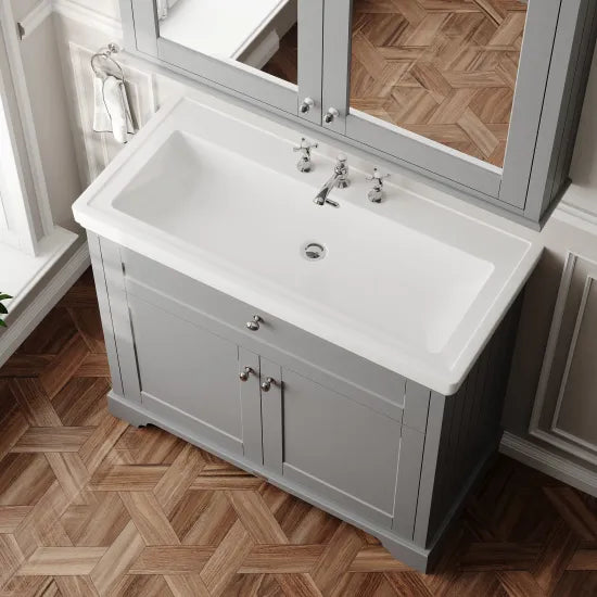Hudson Reed Old London 1000mm 2 Door Storm Grey Floor Standing Vanity Unit With 3 Tap Holes Fireclay Basin