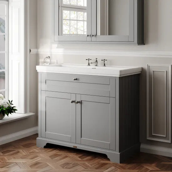 Hudson Reed Old London 1000mm 2 Door Storm Grey Floor Standing Vanity Unit With 3 Tap Holes Fireclay Basin