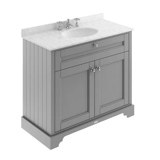 Hudson Reed Old London 1000mm 2 Door Storm Grey Floor Standing Cabinet With 3 Tap Holes Marble Basin
