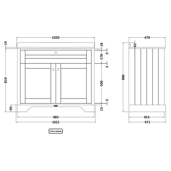 Hudson Reed Old London 1000mm 2 Door Storm Grey Floor Standing Cabinet With 3 Tap Holes Marble Basin
