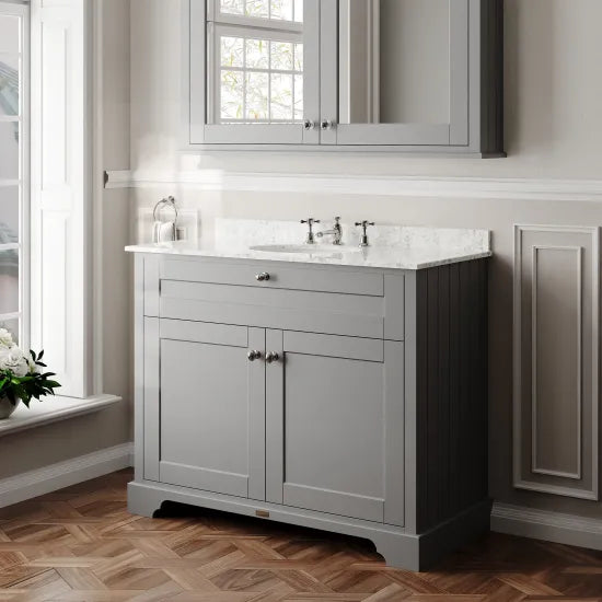 Hudson Reed Old London 1000mm 2 Door Storm Grey Floor Standing Cabinet With 3 Tap Holes Marble Basin