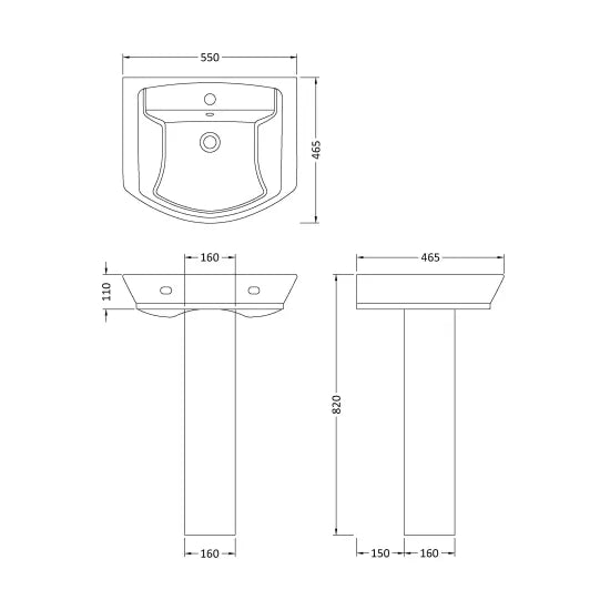 Plumbers Choice Lulworth 550mm 1 Tap Hole Basin & Pedestal - White Vitreous China