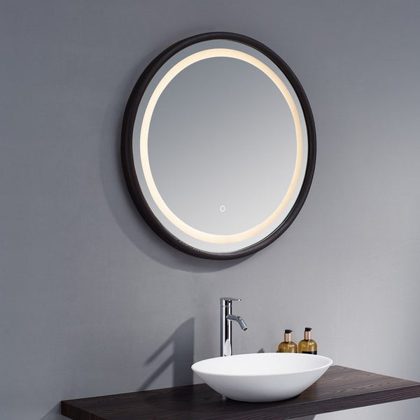 Kartell Ebro 850mm Round Illuminated LED Black Mirror - Black Wood & Glass