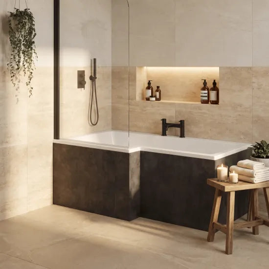 Havana 1700mm L-Shaped Metallic Slate MFC Shower Bath Panel With Plinth