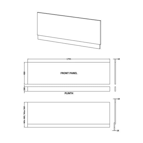 1800mm Charcoal Black MFC Woodgrain Front Bath Panel With Plinth