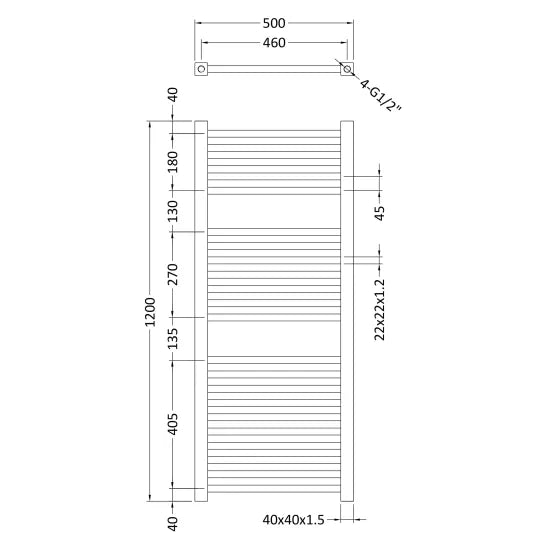 TradeRad Chrome 1200mm x 500mm Vertical Square Ladder Rail