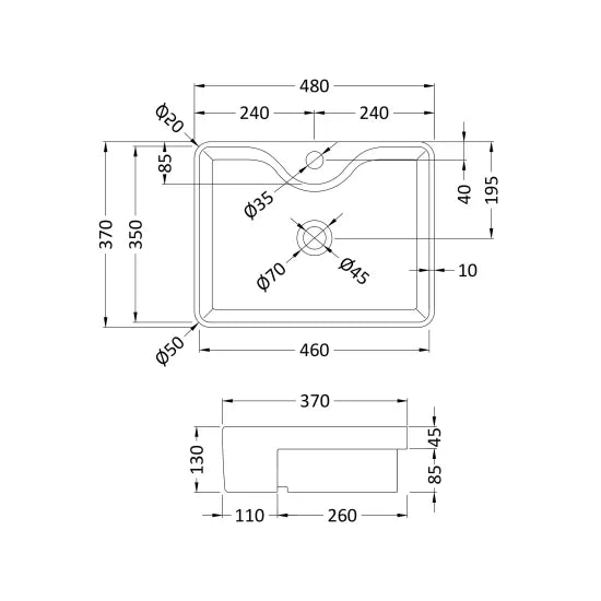 Nuie 1 Tap Hole 480mm Ceramic Square Semi-Recessed Basin
