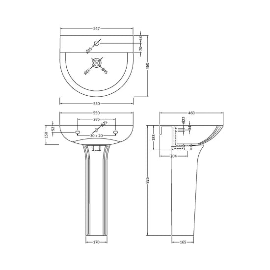 Nuie Freya 1 Tap Hole 550mm Basin & Pedestal