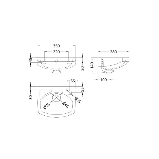 Nuie Melbourne 1 Tap Hole 350mm Wall Hung Ceramic Basin