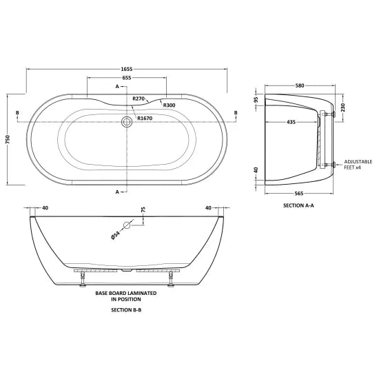 Nuie Continuum 1655mm Freestanding Boat Bath With Legs