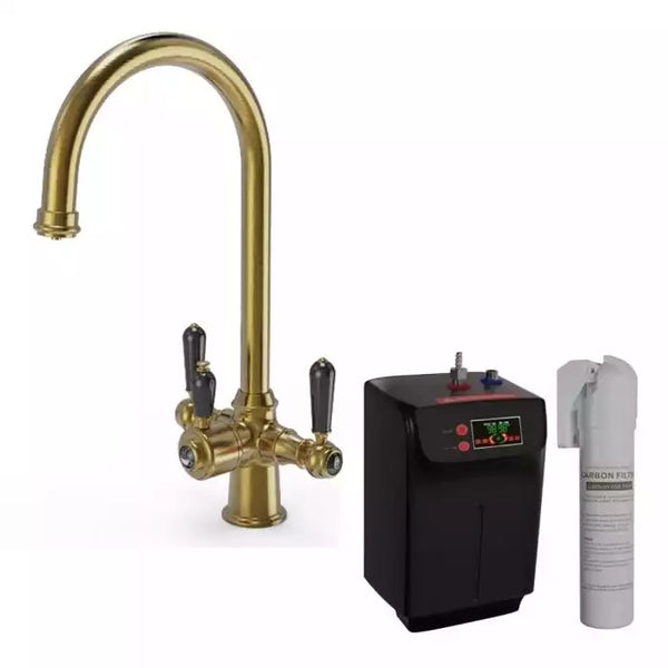 Ellsi Traditional Cruciform 3 In 1 Hot Water Kitchen Sink Tap with Black Ceramic Levers
