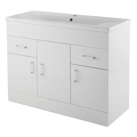 Meravo Turin 1000mm Gloss White 3 Door 2 Drawer Floor Standing Vanity Unit With Basin