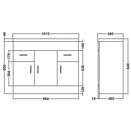Meravo Turin 1000mm Gloss White 3 Door 2 Drawer Floor Standing Vanity Unit With Basin