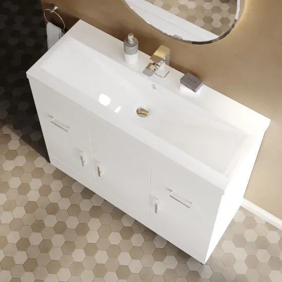 Meravo Turin 1000mm Gloss White 3 Door 2 Drawer Floor Standing Vanity Unit With Basin