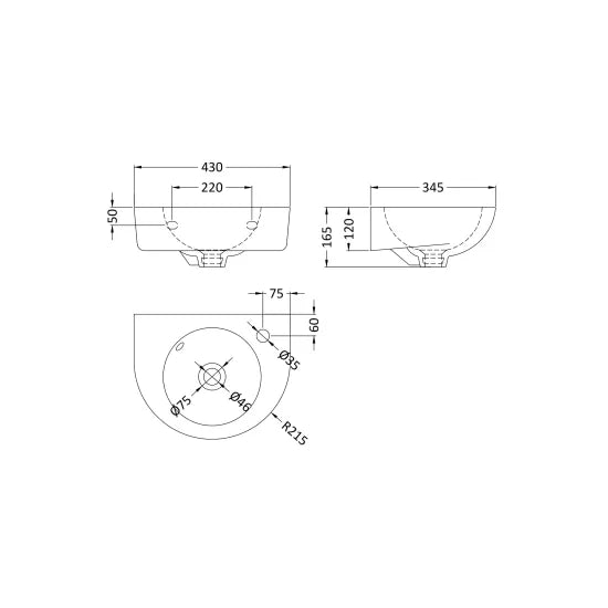 Nuie  Ramsay 1 Tap Hole 450mm Wall Hung Ceramic Basin