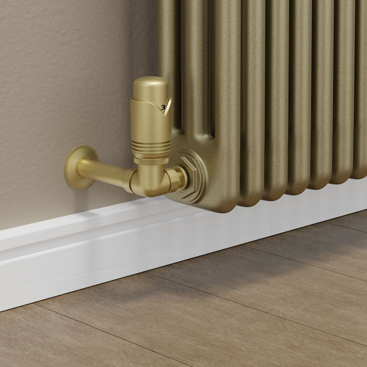 Realm Corner TRV Brushed Brass Wheelhead & Lockshield