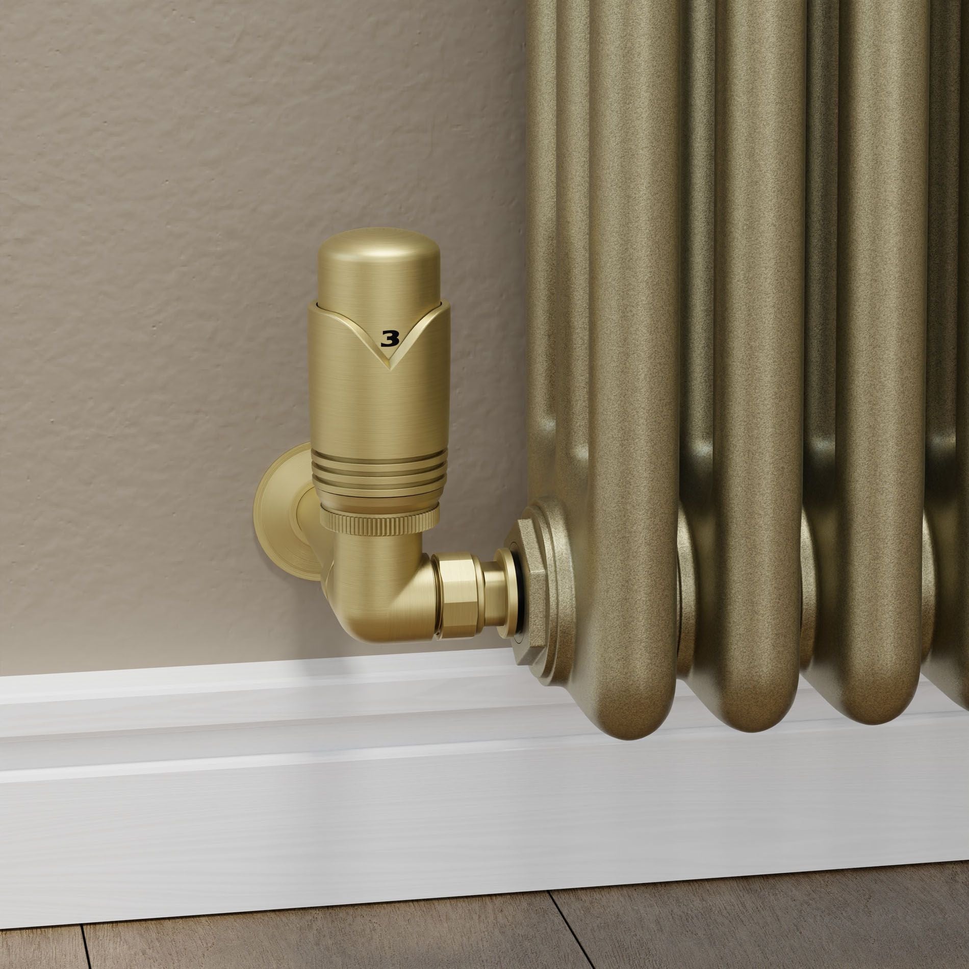 Realm Corner TRV Brushed Brass Wheelhead & Lockshield