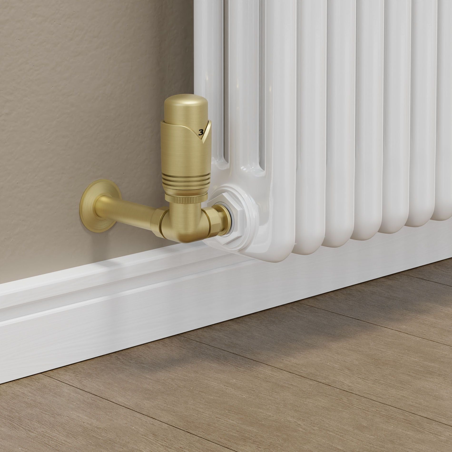 Realm Corner TRV Brushed Brass Wheelhead & Lockshield