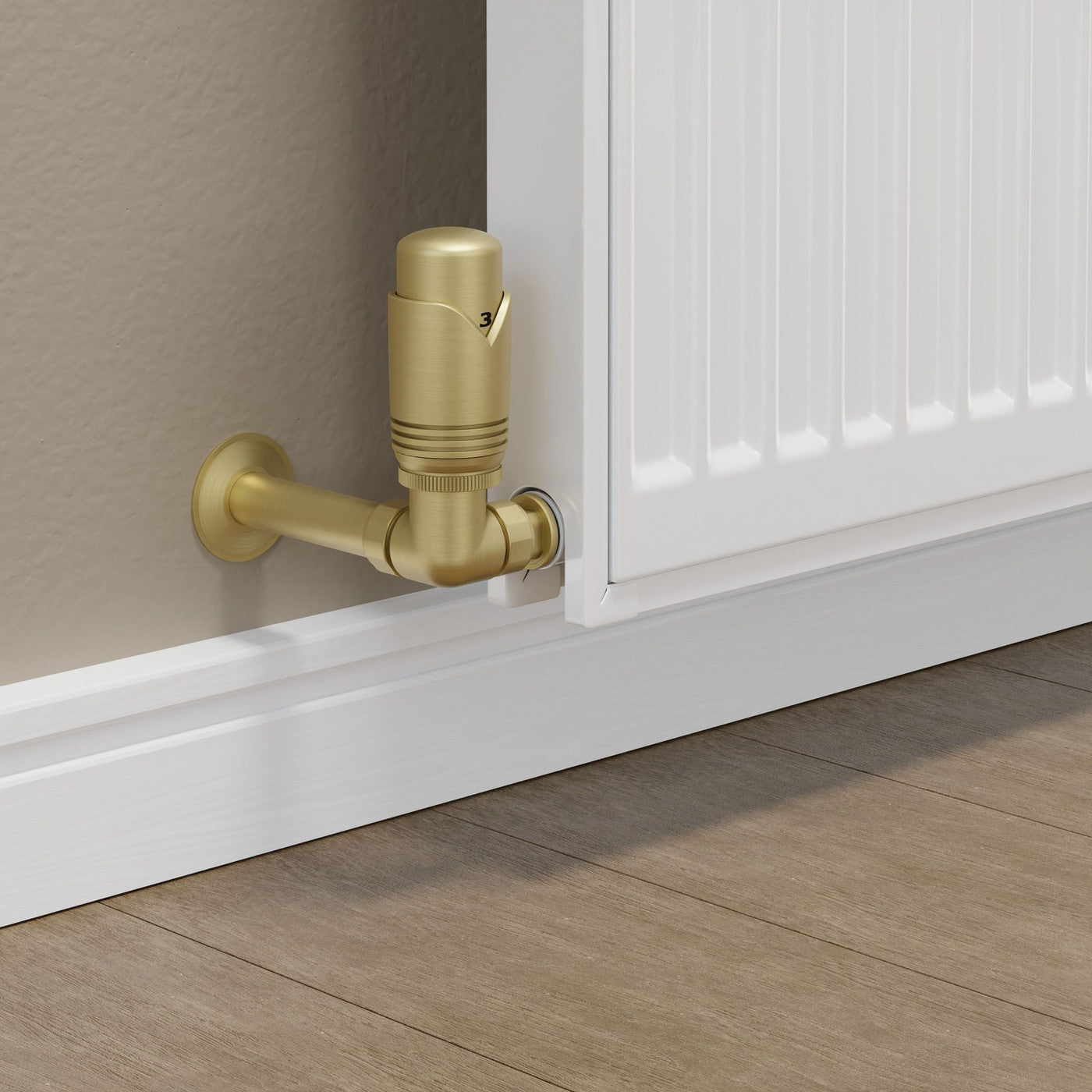 Realm Corner TRV Brushed Brass Wheelhead & Lockshield