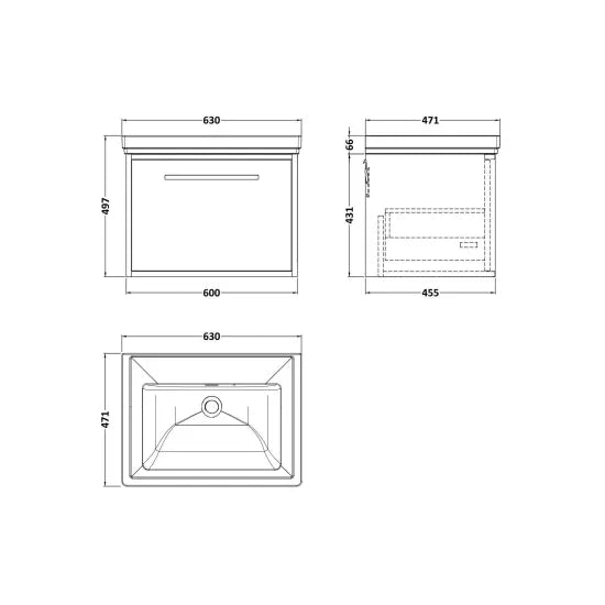 Nuie - lux Roseburn 1 Drawer Wall Hung Vanity Unit With Fireclay Basin - Bleached Oak